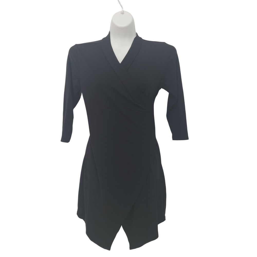 Marcella Black Faux Wrap Tulip Dress Surplice V-Neck 3/4 Sleeve Jersey Knit M